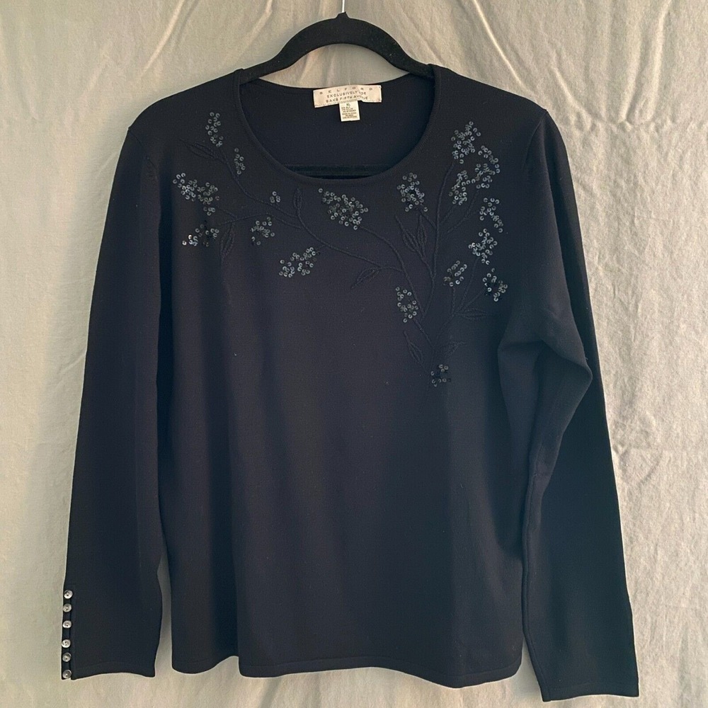 SAKS Fifth Avenue Womens XL SILK Luxury Sweater Stretch Buttons Sparkle Black‎
